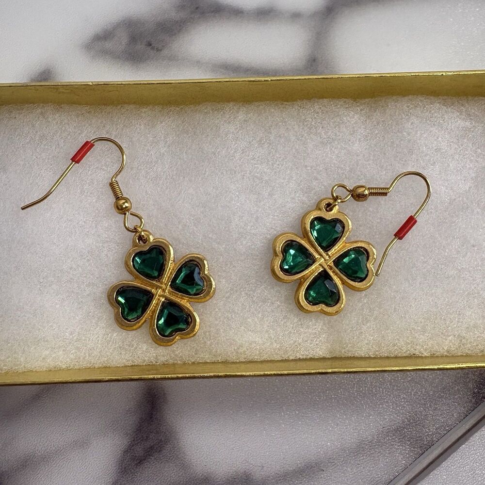 Shamrock Green and Gold Toned Dangle Pierced Earrings - Picture 2 of 3